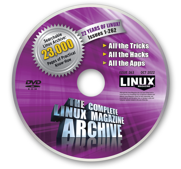 Get every Linux Magazine article from the last 22 years! Buy the new archive DVD now, or get it free when you subscribe to Linux Magazine. Also available on your local newsstand with the October 2022 issue! shop.linuxnewmedia.com/us/magazines/s… #Linux #archive #OpenSource #FOSS #tools