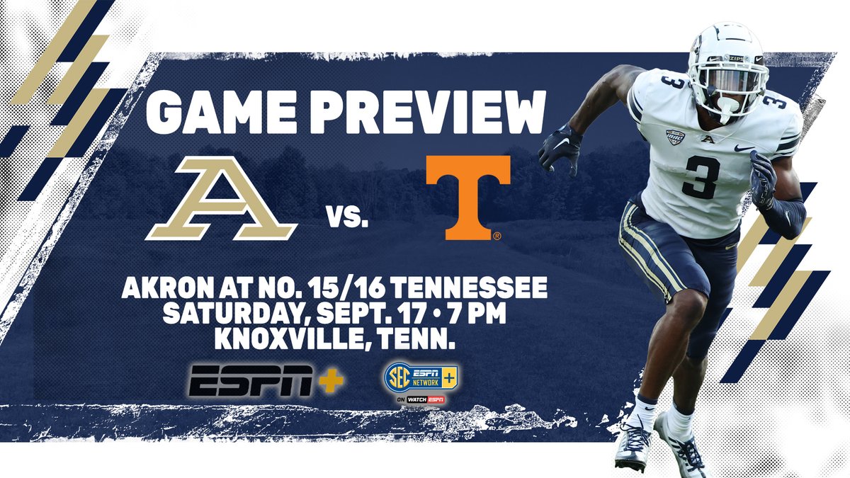 AkronZips's tweet photo. .@ZipsFB Set to Face No.15/16 Tennessee

#GoZips | @ZipsFB 

PREVIEW 👉 https://t.co/kNiyNayZnB

🏈 | at No. 15/16 Tennessee
🗓 | Sat, Sept. 17 | 7 pm
🗺 | Knoxville, Tenn.
📺 Video - https://t.co/AmNRzAuTXC
💻 Stats - https://t.co/1Zq2JdJg3M
🎙 Radio - https://t.co/DAUv6wfmSy https://t.co/3QKo3ey4gs