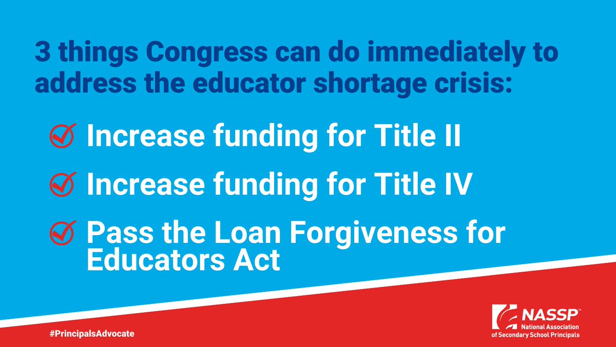 Fix the educator shortage crisis, <a href="/SenatorCollins/">Sen. Susan Collins</a>! Please vote to increase funding for #TitleIIa &amp;  #TitleIV, &amp; pass the Loan Forgiveness for Educators Act. Our students &amp; our schools cannot wait. We need action now! <a href="/NASSP/">National Assoc. of Secondary School Principals</a> #EdChat #PrincipalsAdvocate