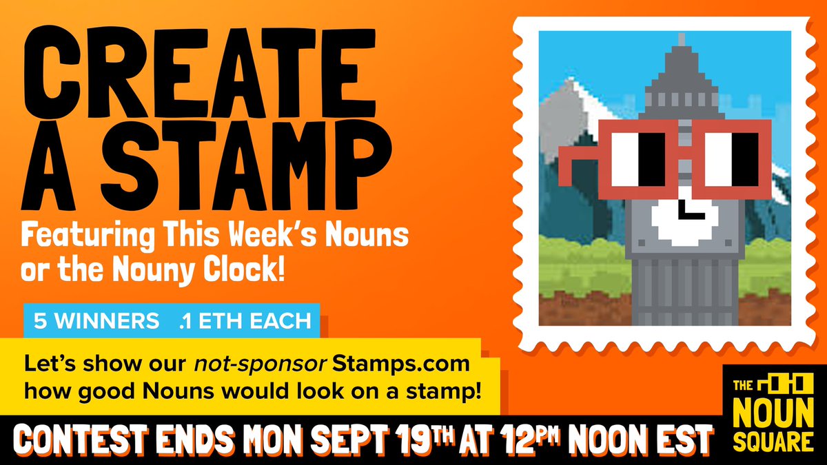 zerorightsmedia's tweet image. 📬 NOUNISH STAMP OF APPROVAL CONTEST! 📬

In honor of our (definitely-not-an-official-sponsor) @StampsCom… 

💌 Design a custom stamp based on this week’s @nounsdao nouns, OR 
TNS mascot, Nouny Clock!

💌 QT here + follow @thenounsquare 

💌 5 winners x 0.1E 

💌 Deadline Monday