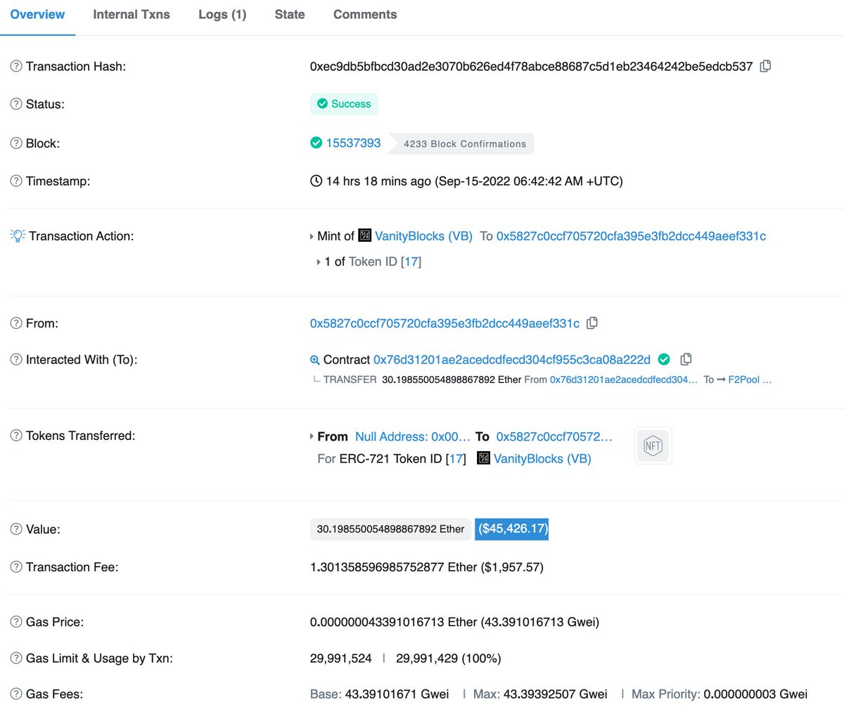 0xbeans's tweet photo. Unfortunately, no one got to mint Sunset in the last POW block. Some absolute mad man took up the entire block by minting 1 Vanity Block NFT and paying 30eth (30M gwei) in fees...

Vanity Blocks is an NFT project that aims to take up entire blocks for a single mint ... gg ... https://t.co/jmMFoCSY90