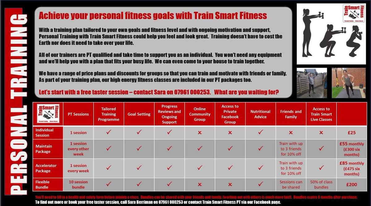 TrainSmartFitn1's tweet photo. Looking for a personal trainer?  It doesn’t need to cost the Earth. 

With Train Smart Fitness you can have a tailor made programme, ongoing support and access to fitness classes - all for a great price.

Call Sara 07961 000253 to arrange a free taster session.

#personaltrainer https://t.co/TOmIKptXTT