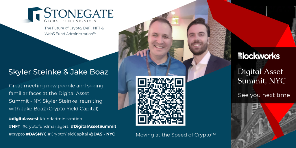 StonegateGlobal's tweet photo. @skylersteinke &amp; Jake Boaz
Great meeting new people and seeing familiar faces at the #DigitalAssetSummit - NY. Skyler Steinke reuniting with Jake Boaz (Crypto Yield Capital)

#digitalassest #fundadministration #NFT  #cryptofundmanagers  #crypto #DASNYC #CryptoYieldCapital https://t.co/7QYjygPj8c