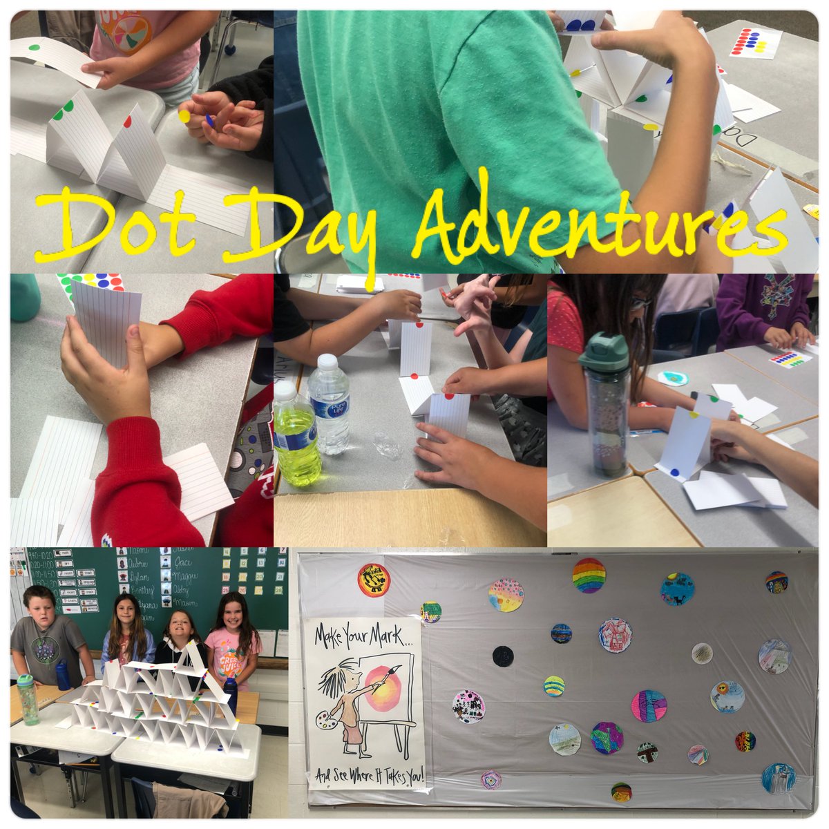 MissMsClass2's tweet photo. #InternationalDotDay in Gr. 4! We did dotted WODB, we did #TheDot reading comp, we made “all about me” dots in Art, and we conquered a dot themed STEAM challenge - build the tallest tower w/ only cue cards &amp; dot stickers! My ❤️ is full! #teamworkmakesthedreamwork @AldboroughPs https://t.co/cbLiRMU0Ko