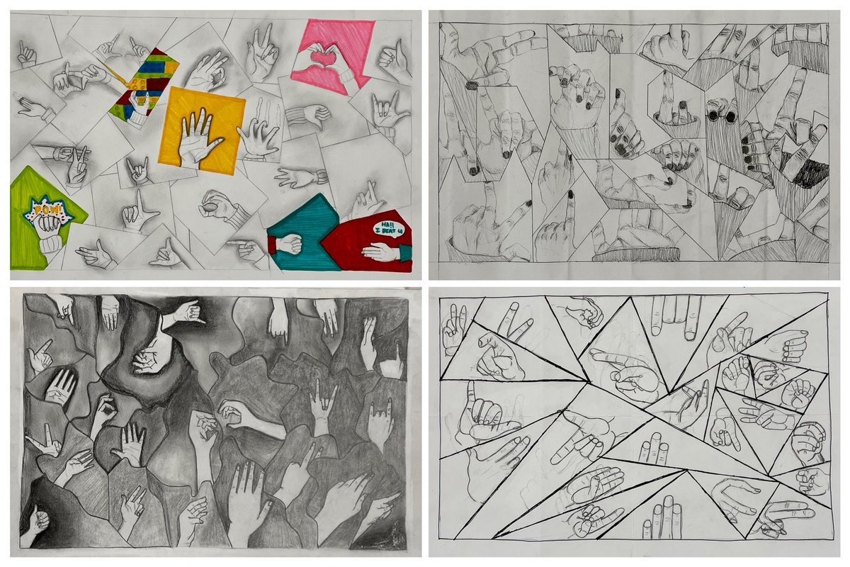 atsmith825's tweet photo. BI artists practiced contour drawings and drew 25 hands! Thanks for a wonderful lesson plan. #theartproject @MRRVH @littlesabine1 @kiboucher @BradwellTigers https://t.co/rHUxBVJDrT