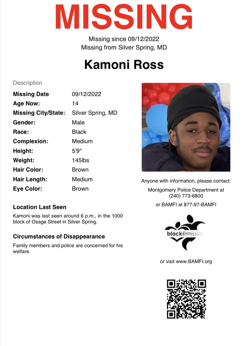BAM_FI's tweet photo. #Silver Spring, MD: 14y/o Kamoni Ross was last seen around 6 p.m., in the 1000 block of Osage Street in Silver Spring, wearing a black t-shirt, black/gray pants, and tan slides.  Family members and @mcpnews are concerned for his welfare. #HelpUsFindKamoni #Maryland https://t.co/g64PvFOrp0