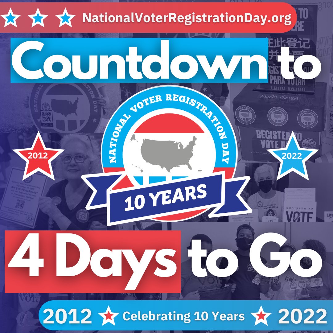 #NationalVoterRegistrationDay is in just 4 days! Join us in celebrating democracy by registering to vote on September 20.  #VoteReady <a href="/NatlVoterRegDay/">National Voter Registration Day</a>