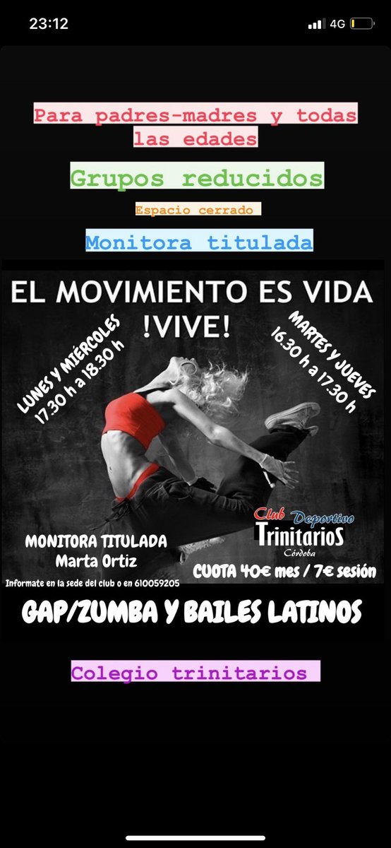 NOVEDAD!!!🔥🔥
Para padres/ madres y todas las edades, disponemos de clases de GAP, ZUMBA Y BAILES LATINOS.
Grupos reducidos en diferentes turnos, no te quedes sin mover tu cuerpo este invierno.
Local cerrado.
Mas info al privado .