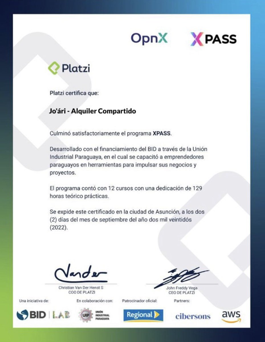 Andrea Nagy (@andreanagyr) on Twitter photo ¡Finalizamos con éxito el Programa XPASS de <a href="/OpnxPy/">OpnX.py</a>!
La ruta nos dejo nuevos conocimientos y herramientas en diferentes áreas, que sin duda alguna, nos ayudarán muchísimo en el crecimiento de <a href="/joaripy/">joaripy</a>
¡Felices de haber sido parte! <a href="/platzi/">Platzi</a> <a href="/UIP_py/">Unión Industrial Paraguaya</a> <a href="/el_BID/">Banco Interamericano de Desarrollo</a> ¡Finalizamos con éxito el Programa XPASS de <a href="/OpnxPy/">OpnX.py</a>!
La ruta nos dejo nuevos conocimientos y herramientas en diferentes áreas, que sin duda alguna, nos ayudarán muchísimo en el crecimiento de <a href="/joaripy/">joaripy</a>
¡Felices de haber sido parte! <a href="/platzi/">Platzi</a> <a href="/UIP_py/">Unión Industrial Paraguaya</a> <a href="/el_BID/">Banco Interamericano de Desarrollo</a>