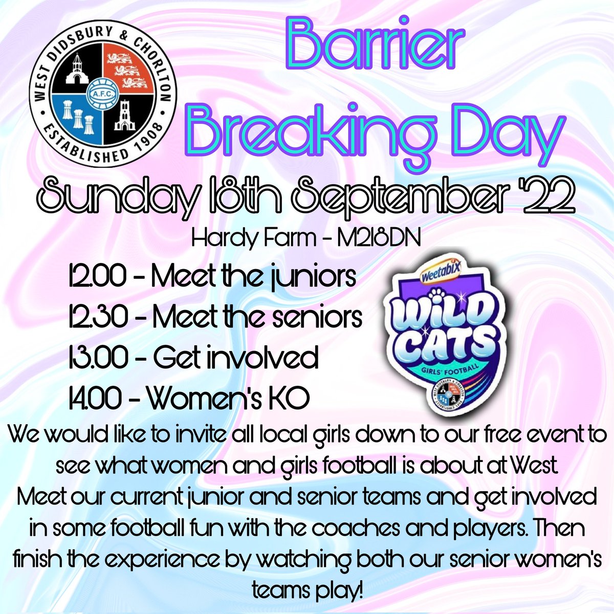 Barrier Breaking Day
THIS SUNDAY!
Hardy Farm 
12:00
#gamechanger #girlsfootball #letgirlsplay #didsbury #chorlton #withington #stretford #whalleyrange #weuro2022 #futurelionesses @MissKick #womensfootball @GirlsFootballNw @NorthWomens @CheshireWYFL @MFA_WG @SMGFL2003 @WD_CFC