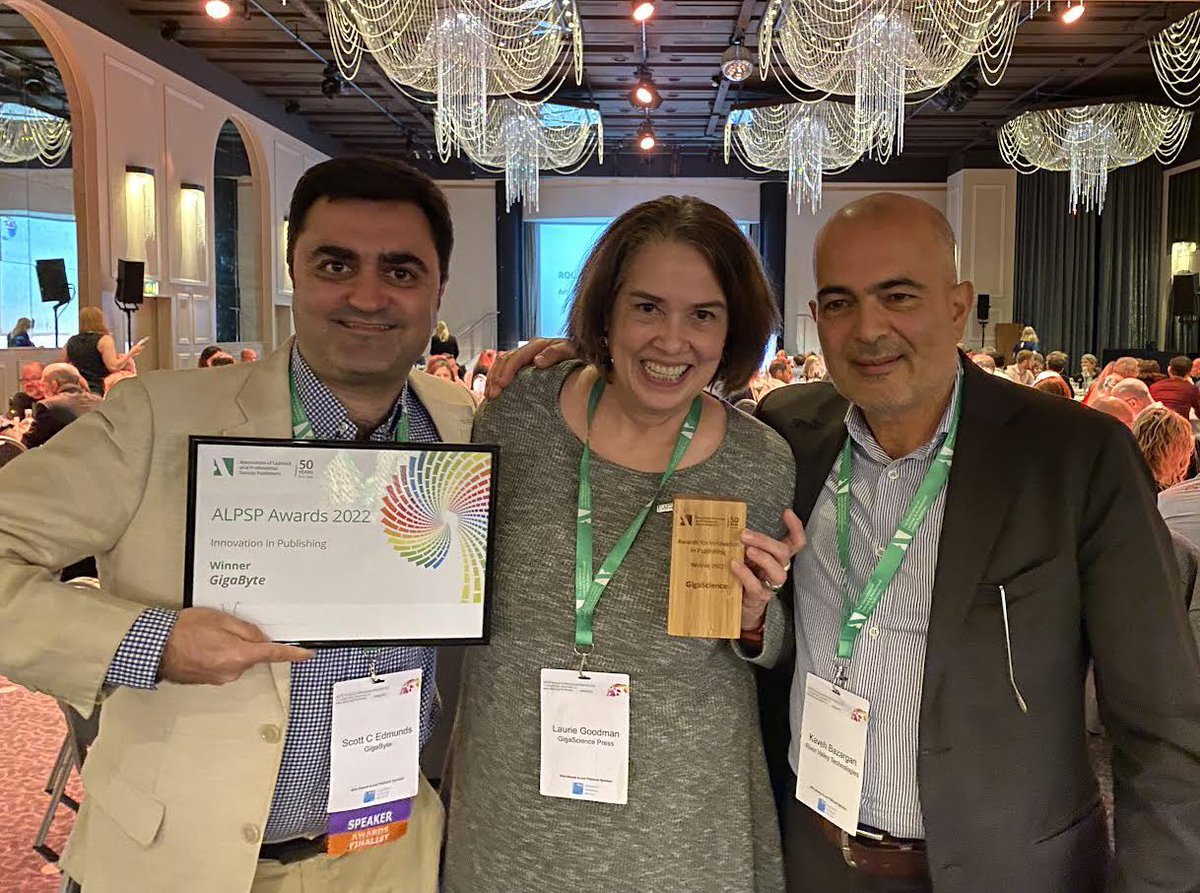Delighted to be on a team with these two amazing guys. <a href="/SCEdmunds/">Scott Edmunds</a> and <a href="/kaveh1000/">Kaveh Bazargan</a> Winning the #alpsp2022 innovation award for <a href="/GigaByteJournal/">GigaByteJournal</a>