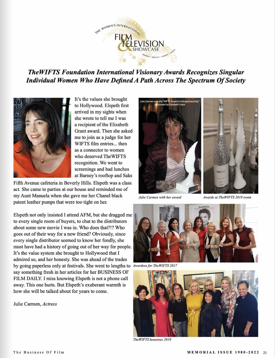 JulieCarmen3's tweet photo. The Business of Film Daily just published a TRIBUTE to ELSPETH TAVARES #ripElspethTavares with stories by her friends and colleagues from @Festival_Cannes to #TheAFM @TBOFDaily FLIP THROUGH this LINK to read all about her https://t.co/x5eF1lC1rM https://t.co/QoUuHAiHGU