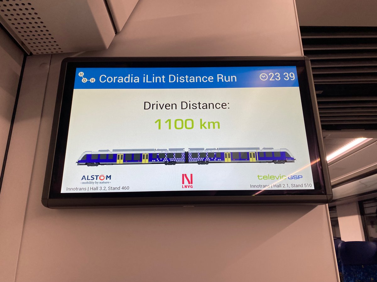 Alstom's tweet photo. @TUVSUD We've driven a total distance of 1,100kms on this historic record run so far, powered by a single #hydrogen tank filling. https://t.co/JFbaNZmM8d https://t.co/FJJf2QDKAo