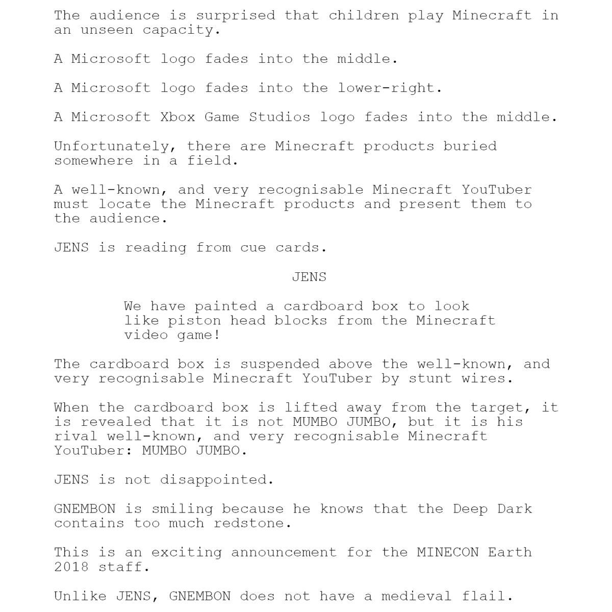 Xilefian's tweet photo. I made a bot watch every video on the official Mojang YouTube channel, and then asked it to predict Minecraft Live 2022.
Here are the first two pages. https://t.co/o3SLzFCrtN