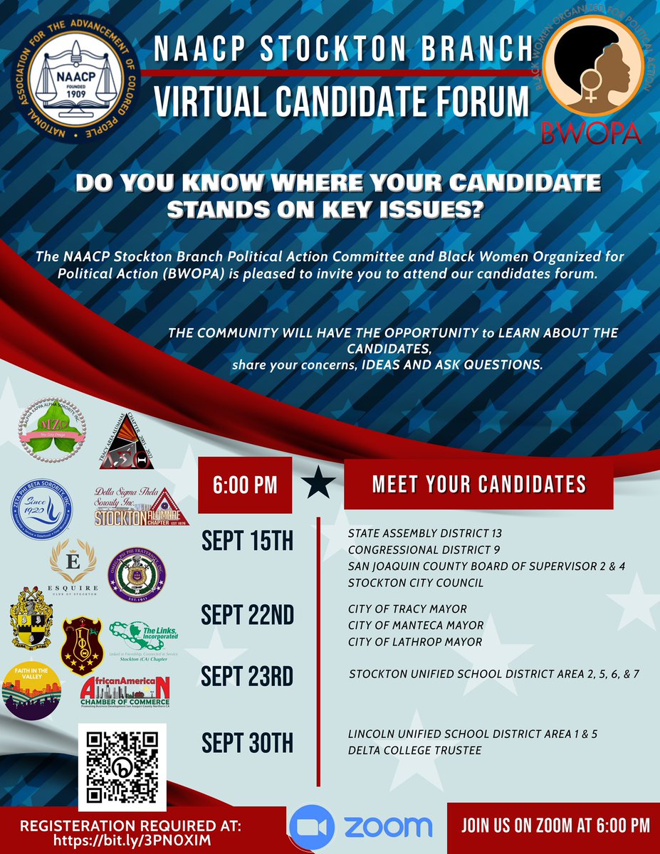 NAACPStockton's tweet photo. Our Political Candidate Forum 𝐓𝐎𝐍𝐈𝐆𝐇𝐓 the following Candidates have been invited to participate:⠀
▪️St. Assembly District 13⠀
▪️Congressional District 9⠀
▪️San Joaquin County Board of Supervisor 2 &amp; 4⠀
▪️Stockton City Council
𝐑𝐞𝐠𝐢𝐬𝐭𝐞𝐫 👉🏾 https://t.co/xJA1FjhKDp https://t.co/xwBGlHiN69