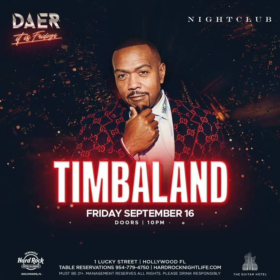 MYAMImusic's tweet photo. Friday Sept 16th one of our generations 🐐 the legend, rapsuperstar, Grammy Award winner, multiplatinum selling super producer and business mogul @timbaland takes over @daersouthfl @hardrockholly‼️🎸 
The one who brought your favorite tunes from Timberlake, Jay, Aaliyah, Missy https://t.co/4zJrCj7dOO