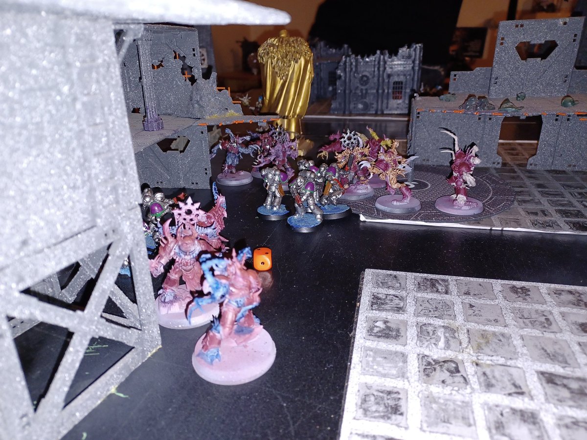 ColinGoodman16's tweet photo. Another practice game of 40K tonight in preparation for the next store league. First time ever facing Word Bearers and a host of possessed just crushed my poor marines. Hopefully I'll do better when I face my opponent in the league https://t.co/DfWJaMThWz