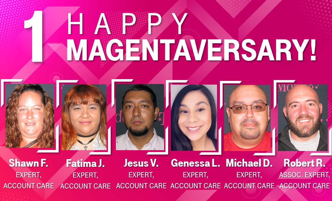 team505menaul's tweet photo. Milestone Magentaversary Alert! We couldn't be #famousforexperience without you! Congrats, Shawn, Fatima, Jesus, Genessa, Michael, and Robert! 🥳 https://t.co/6z3azRHIDc