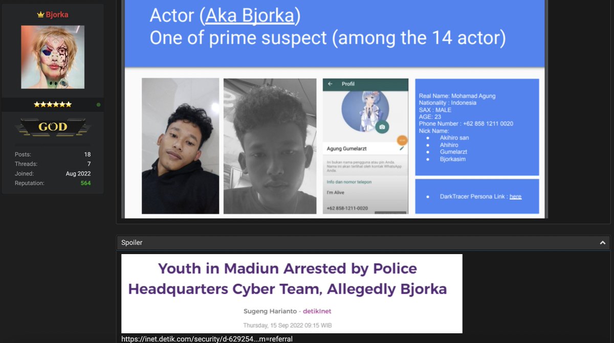 X99Global's tweet photo. "Bjorka" has also mocked DarkTracer for the alleged false unmasking of the threat actor and quote:

"THIS CHILD HAS NOW BEEN ARRESTED AND IS BEING INTERROGATED BY THE INDONESIAN GOVERNMENT. FOR DARK TRACER, IT'S YOUR SIN TO HAVE GIVEN WRONG INFORMATION TO A BUNCH OF IDIOTS." https://t.co/6wHafKRsMa