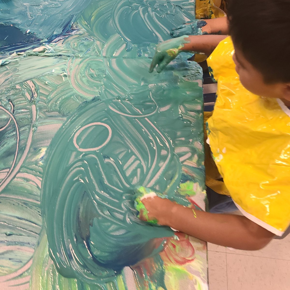 Prek explored shaving cream and paint today! We drew shapes and mock letters with our fingers. We talked about what it feels like. We mixed blue and yellow to make green and then we added purple, red, and brown. By the end, it looked like chocolate pudding.  <a href="/ScottsRidgeES/">Scotts Ridge ES</a>