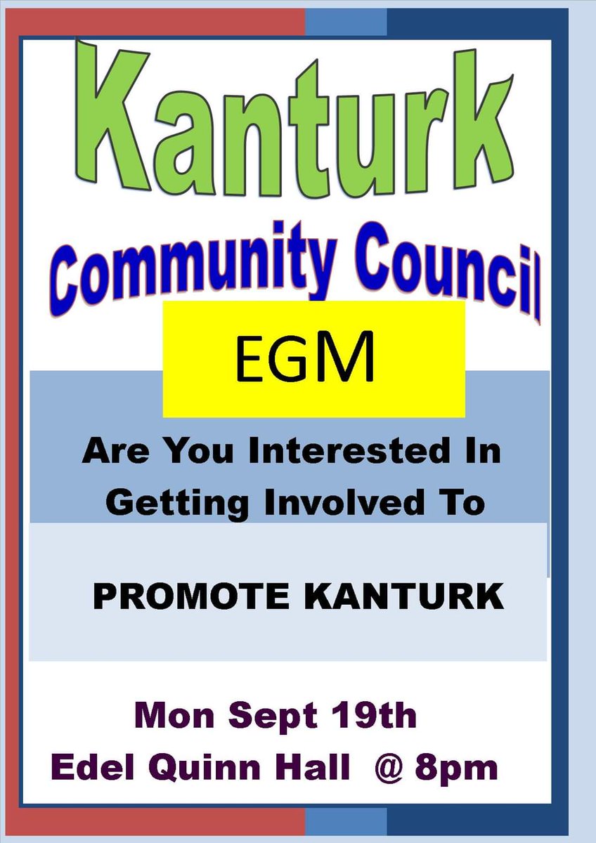 On Mon Sept 19th there is an EGM of Kanturk Community Council in the Edel Quinn Hall at 8pm. Anyone who is interested in getting involved & willing to promote the Town is welcome to attend. @KanturkGAA @KanturkAFC @SNPKanturk @johnpauloshea1 @KanturkSM @KanturkTT