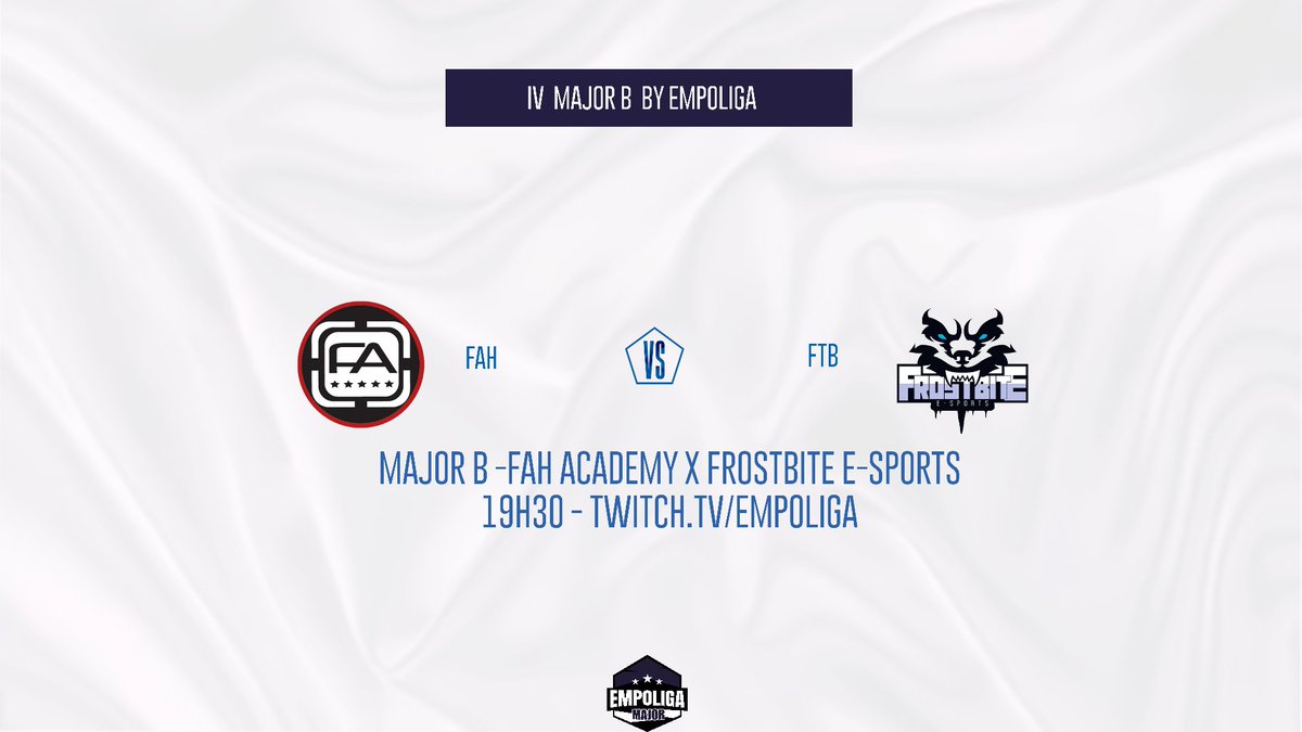 Hoje tem #EmpoligaMajor B na tela da #Empoliga!

A FahAcademy (antiga Urubuzada), encara a <a href="/Frostbitesport/">Frostbite E- Sports</a> pela vaga na decisão do torneio!

Quem classifica para a grande final?
A partir das 19h30 em twitch.tv/empoliga!

#SomosEmpolgados