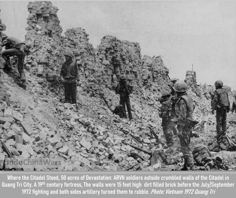 WarsIndo's tweet photo. Where the Citadel Stood, 50 acres of Devastation: ARVN soldiers outside crumbled walls of the Citadel in Quang Tri City; a 19th century fortress, the July/September 1972 fighting reduced them to rubble #VietnamWar #EasterOffensive https://t.co/VDWOl0js0J