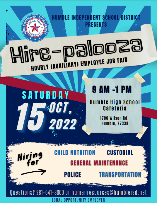 If you're looking for a career change, you're in luck! @HumbleISD is hosting an Hourly (Auxiliary) Job Fair on Sat., 10-15-22 at Humble HS. Come check out the #HumbleISD family and even bring a friend! #wehelpeachother
