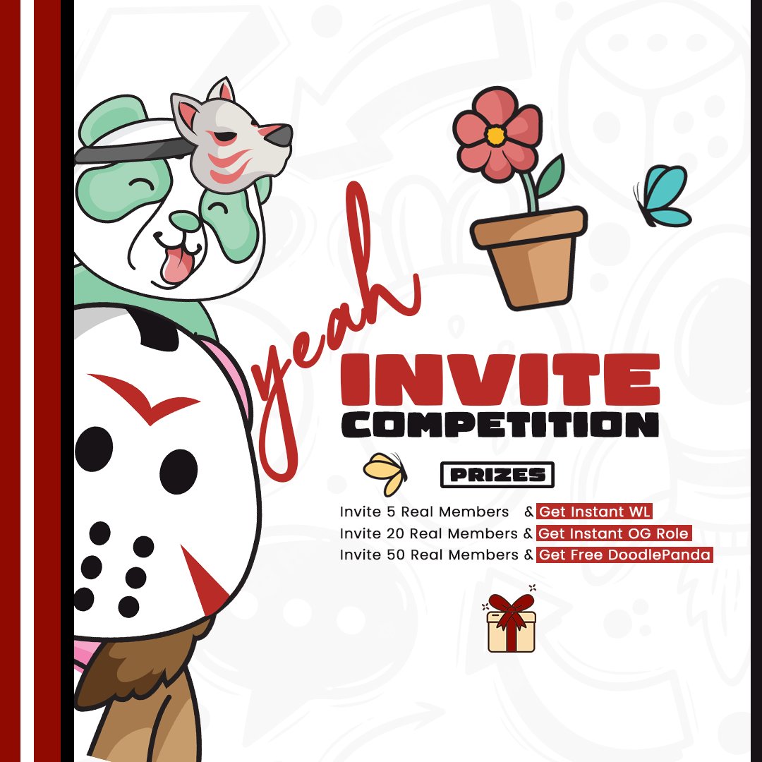 🚨 Invite Competition Alert⚠️
This is 1st of the Few WL Alpha Calls to all Web3, Degens, Art Fanatics &amp; Panda fans! 🐼 

🎁Prizes
🌟Invites 5 Members &amp; Get Instant WL
💠Invites 20 Members &amp; Get OG Role
🐼Invites 50 Members &amp; Get Free Dood giveaway

#NFTs #NFTCommunity #ETH #dP