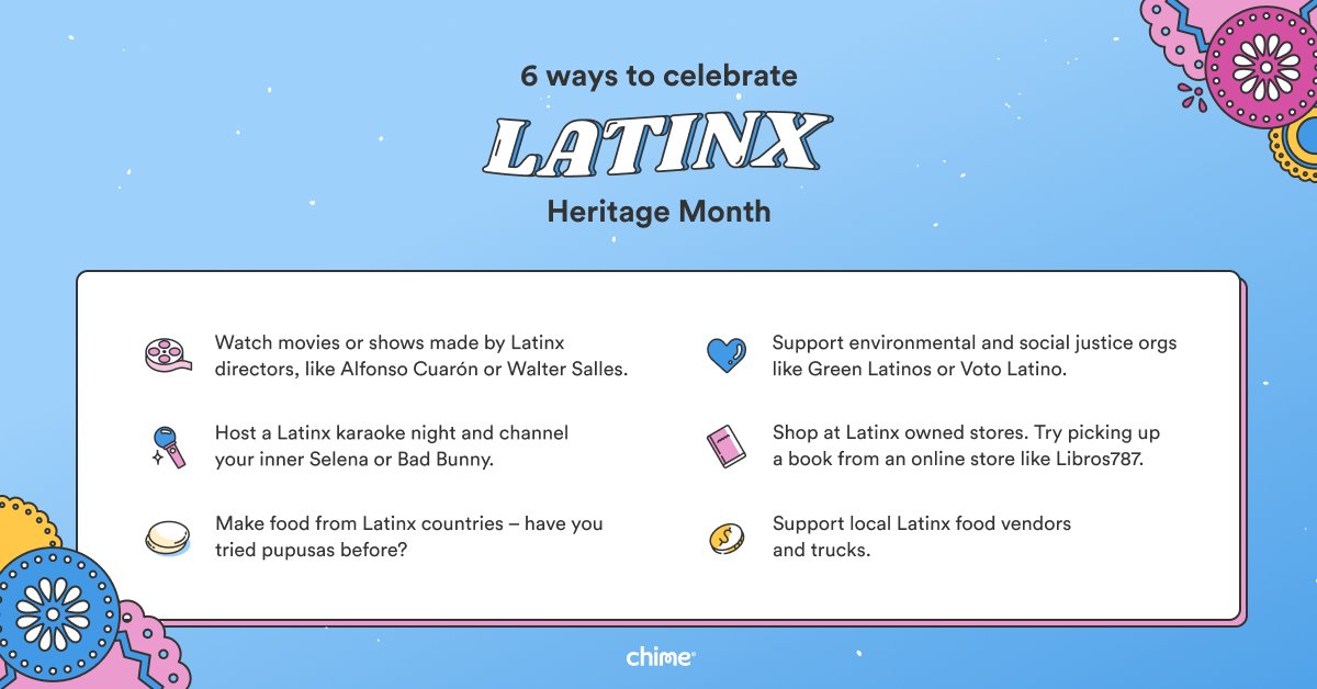 Chime's tweet photo. Latinx Heritage Month is here and we’re hyped to celebrate 🎉 Let us know what you’ll be doing to join in. #LatinxHeritageMonth https://t.co/k7pVtNjpPC