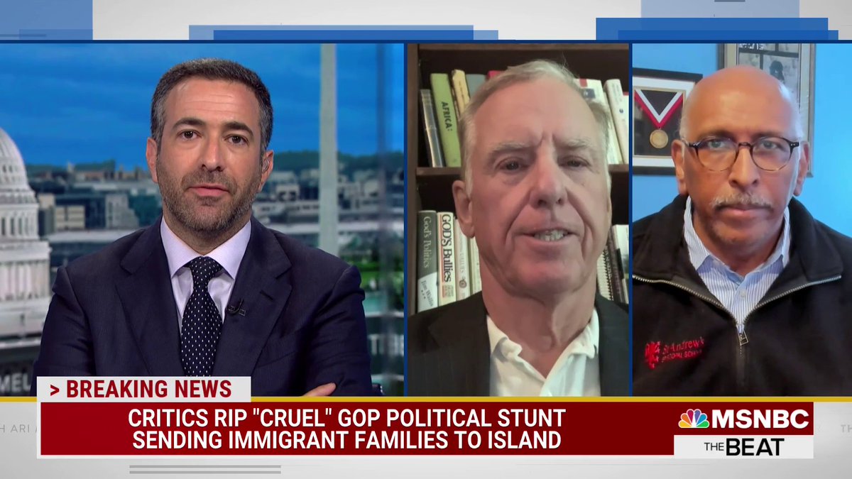 TheBeatWithAri's tweet photo. As the MAGA governor of Florida is flying 50 undocumented immigrants -- including children -- on a plane to the island of Martha's Vineyard, @GovHowardDean and @MichaelSteele join @AriMelber  to discuss: https://t.co/C9fkeIIvzl