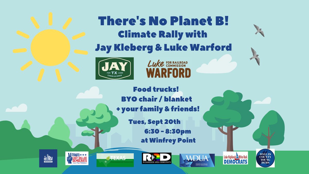 TXEnviroDems's tweet photo. Join us for a picnic &amp; rally w/ Jay Kleberg for Land Commissioner &amp; Luke Warford for Railroad Commission on Tues, Sept 20 in Dallas!

@jay4txland &amp; @LukeWarfordTX are great candidates you'll enjoy meeting - &amp; voting for in Nov!  🌎♻️🌳🌞

https://t.co/AyNjzTtdmo https://t.co/ufVV8g0T7c