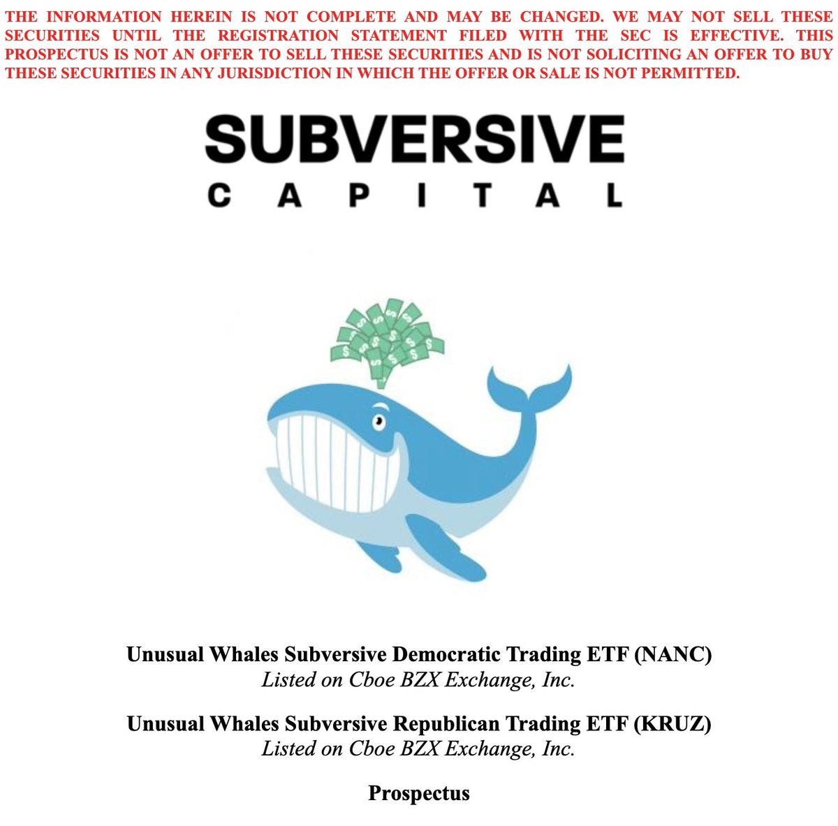 BREAKING NEWS The Unusual Whales Subversive ETFs for both Democratic,  $NANC, and Republican, $KRUZ, Congressional trading have been filed. The  ETFs follow trading of Democratic and Republican members, and their  spouses. Get