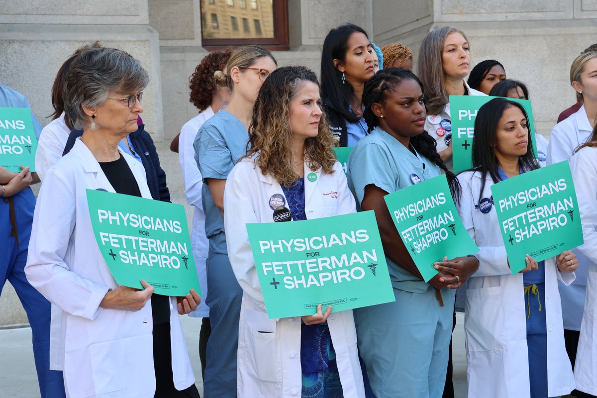 JohnFetterman's tweet photo. "Dr." Oz + Doug Mastriano pose a deeply disturbing threat to women's reproductive freedom

PA doctors called out their BS in Philly today 👇 https://t.co/SjOOCSi7HY