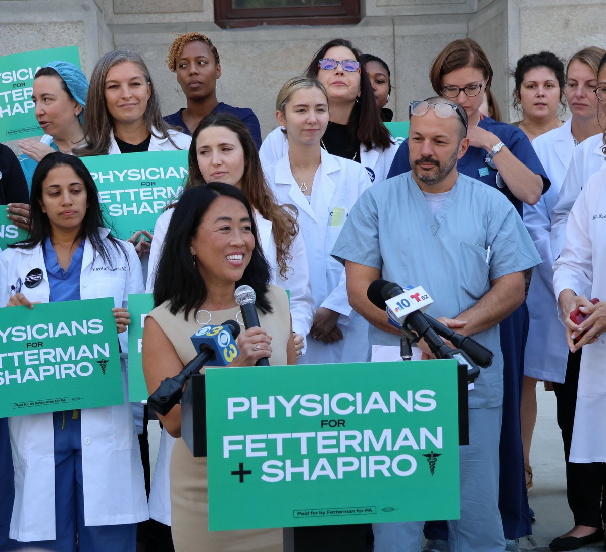 JohnFetterman's tweet photo. "Dr." Oz + Doug Mastriano pose a deeply disturbing threat to women's reproductive freedom

PA doctors called out their BS in Philly today 👇 https://t.co/SjOOCSi7HY