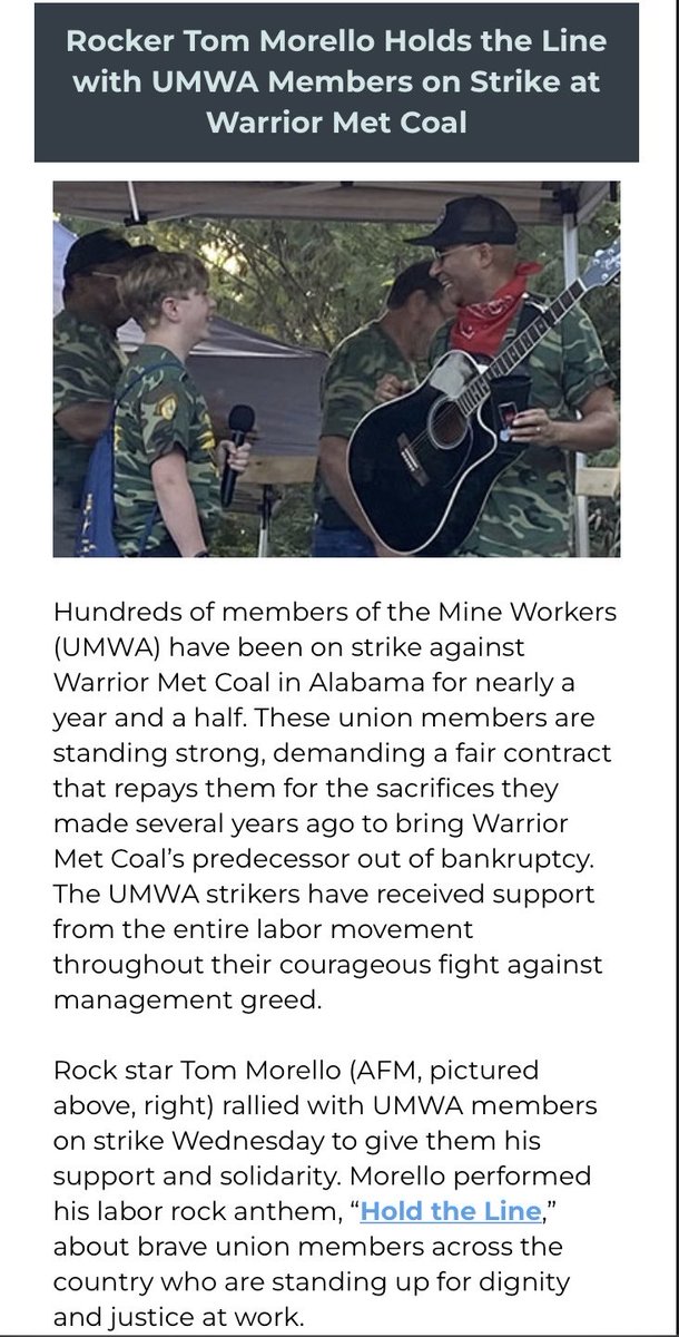 Article from the ⁦@AFLCIO⁩ on ⁦@tmorello⁩ at the ⁦@MineWorkers⁩ rally in Alabama in support of the striking miners at ⁦@WarriorMetCoal. He visited the picket line & the UMWA Auxiliary to help provide food to miners families. ⁩ #Union #UMWA #solidarity #1u