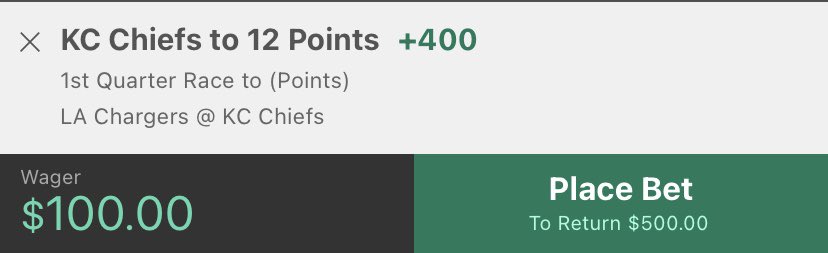 One__Bet's tweet photo. @gavinmchughh Bit of a long shot but Chiefs 1st Q race to 12 +400 🤫 https://t.co/MD9IOH0QDA