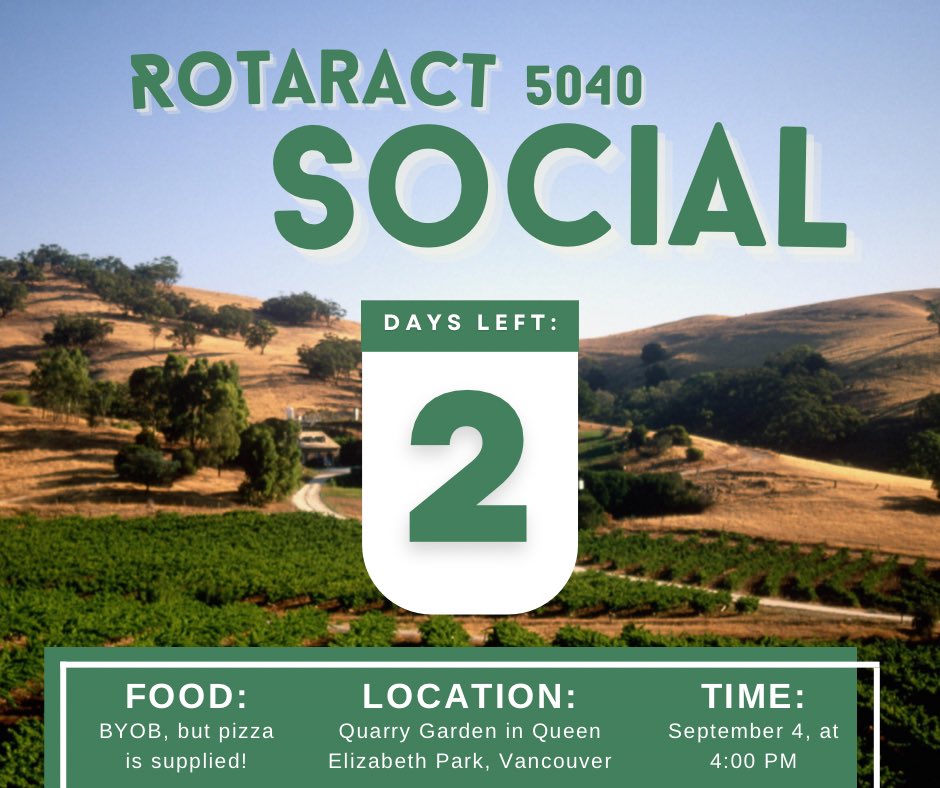 Rotaract5040's tweet photo. ⭐️2 DAYS LEFT⭐️

Rotaract District 5040 is launching its first district-wide social! Prepare yourself for an afternoon of Rotary trivia, games, pizza and friendship! Follow the Facebook Event to get updates on event details as they become available. https://t.co/GqukDVwgnv