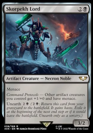 Skorpekh Lord |2B| Artifact Creature - Necron Noble. Menace Command  Protocols - Other artifact creatures you control get +1/+0 and have menace.  Unearth 2B. (3/2) https://t.co/BljbquPtNV #MTG