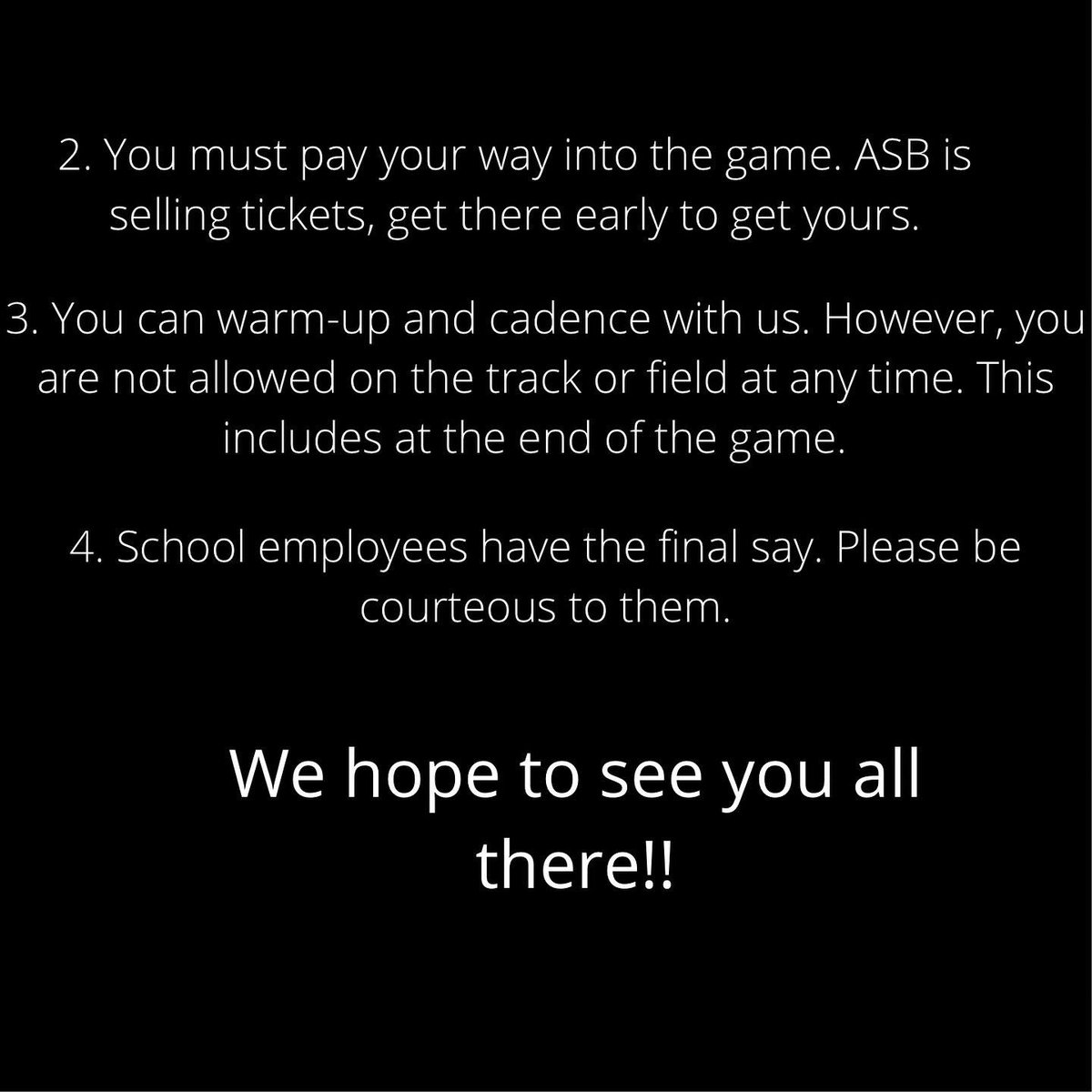 Warm-up starts at 5:30, the parade at 6:15, and the game at 7! Hope to see you all there!