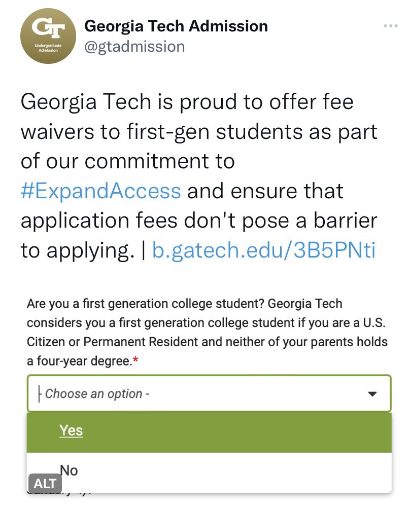 I am so excited that Georgia Tech is offering fee waivers to first-generation applicants again this year! This waiver applies to undergraduate applicants only. Please share with your networks!!! #expandaccess