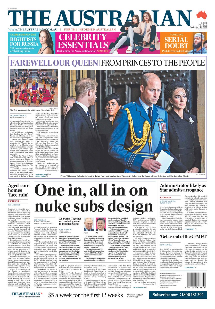 The Australian front page: 

ONE IN, ALL IN ON NUKE SUBS DESIGN

Australia has ruled out pursuing a “bespoke’’ design for its future ­nuclear submarines under the AUKUS pact, declaring the boats will be the same as those operated by either the US or UK.