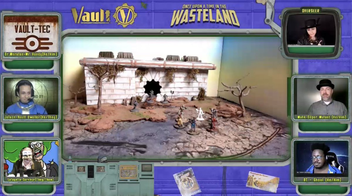 AprilNicoleHill's tweet photo. The Vault 95 crew getting ready for their first encounter of Once Upon a Time in the Wasteland, the adventure from the #Fallout 2d20 Starter Set by @Modiphius! (Overlay got jumbled so players are out of place 😅) 

VOD on @InitiativeOrder Twitch channel.

#ttrpg #tabletopcrafting https://t.co/5ZLvGy33Gy