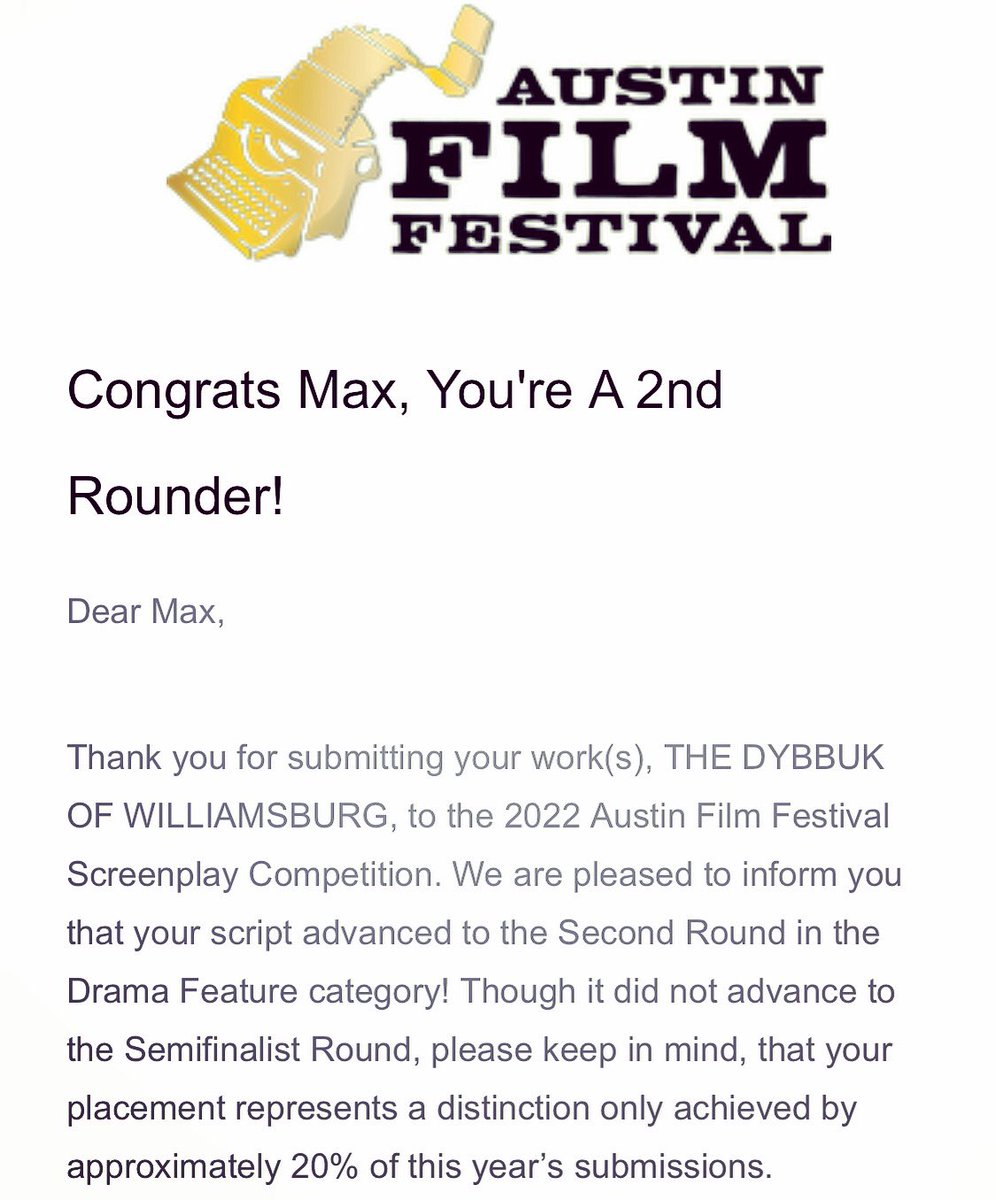 mknchenx22's tweet photo. My Jewish Horror Script THE DYBBUK OF WILLIAMSBURG has just placed in the Second Round at the @austinfilmfest!
Proud to be a #secondrounder for the 4th year in a row. #AFF #screenwriting #prewga #jewishfilm #horror #jewishhorror https://t.co/ah489Z9RvB