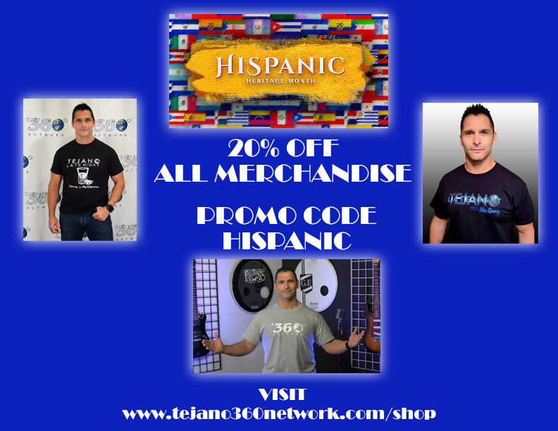 Tejano360's tweet photo. HISPANIC HERITAGE MONTH SALE
20% OFF all TEJANO 360 NETWORK merchandise
Promo Code: HISPANIC
https://t.co/4IEeN9JP8l
ENDS Oct 15 2022 @ 11:59 pm CST
#HispanicHeritageMonth
#Tejano360Network
#TejanoLateNight
#CentroyPaDentro
#TejanoMusic
#tejanostrong
#WeAreTejano #SomosTejano https://t.co/3wTsdtpRhN