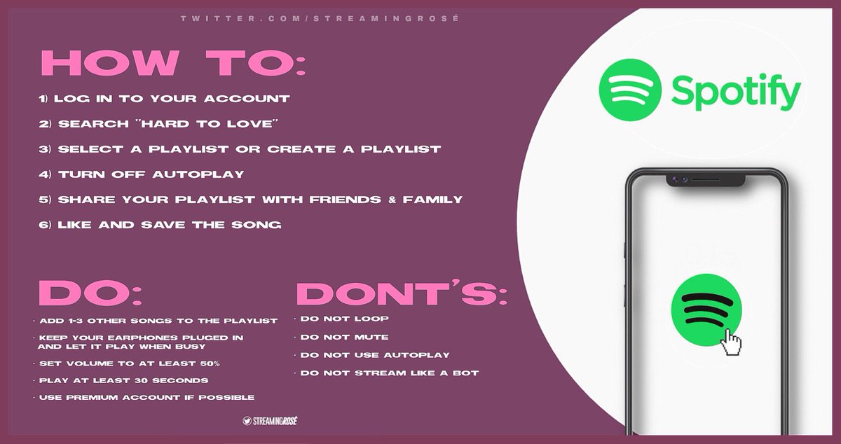 StreamingRose's tweet image. 🎧 | STREAMING GUIDE FOR "Hard To Love" by #ROSÉ  

We invite all ROSÉ supporters to stream #HardToLove with us on the following streaming platforms. A guide for Spotify, Youtube and Apple Music is provided as seen on the attached pictures. Let's go! 💖

#ROSÉ   #로제  #BornPink