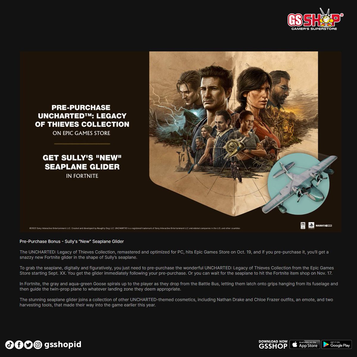 Sempat tidak ada kabar, kali ini cukup dapat dipastikan bahwa #UnchartedLegacyOfThieves Collection versi PC akan segera dirilis pada 19 Oktober 2022 mendatang yang juga akan memberikan bonus Fortnite Glider jika kalian membelinya di platform EGS.

Player PC udah siap belum?⁣