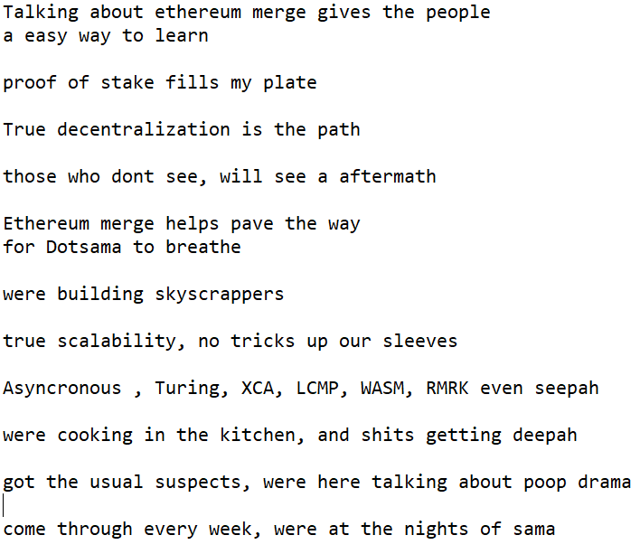 imcryptohustler's tweet photo. @TheKusamarian @rphmeier @GldnCalf @NeonCrisisNFT @XCAstronaut @dawufi @HogLordz @MintJuiceStL @thetokenblonde_ @TinkerGabe @RmrkApp Here's the lyrics tonight's #SamaNights Rap
@TheKusamarian @GldnCalf @XCAstronaut @rphmeier @AdamSteeber1 @dawufi @oak_network @DarwiniaNetwork @AstarNetwork @ShidenNetwork @RmrkApp @soberhanz @NeonCrisisNFT @HogLordz @pixeltripp @InvArchNetwork #xca #lcmp #xcm #wasm #turing https://t.co/WrCWzRyHc5