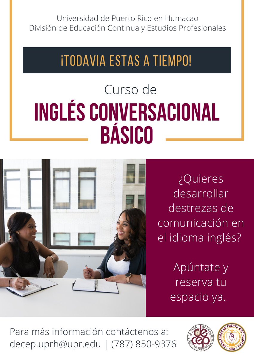 DecepUPRH's tweet photo. ¡No dejes pasar esta oportunidad! Matriculate ya en nuestro curso de inglés conversacional básico dirigido a toda persona que desee desarrollar destrezas de comunicación en el idioma inglés.

Para más información escribanos a decep.uprh@upr.edu o llamenos al (787) 850-9376. https://t.co/FWDqscLtex