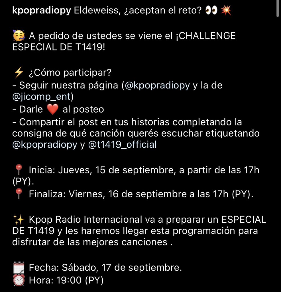 ¡Edelweiss! <a href="/kpopradiopy/">K-POP RADIO PARAGUAY</a> está realizando una actividad para nosotros en su cuenta de Instagram. Ayuden por favor ❤️

Solo sigan los pasos~

Link al post: instagram.com/p/Cii9xY3geXX/… 

#T1419 #티일사일구 @T1419_official